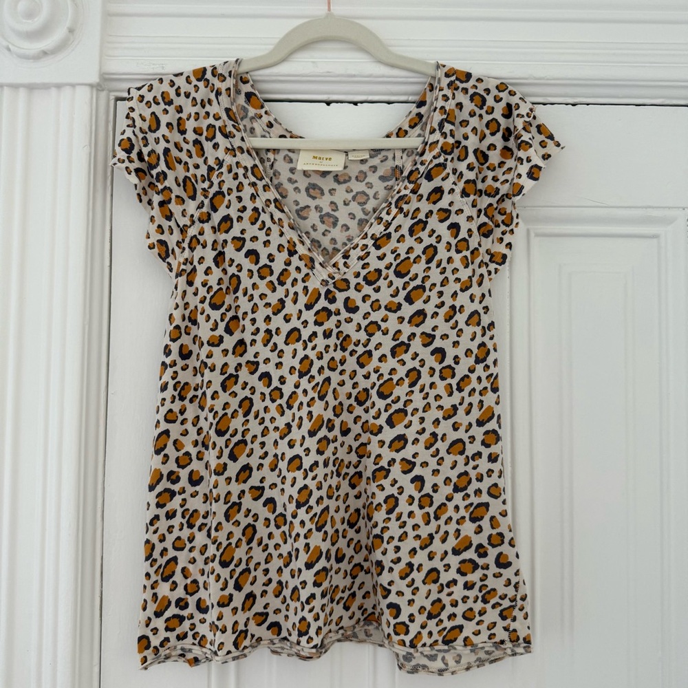 Anthropologie Beige Leopard Print Short Sleeve Tee